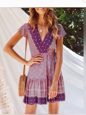 Zesica Lavender Purple V-Neck Boho Mini Dress